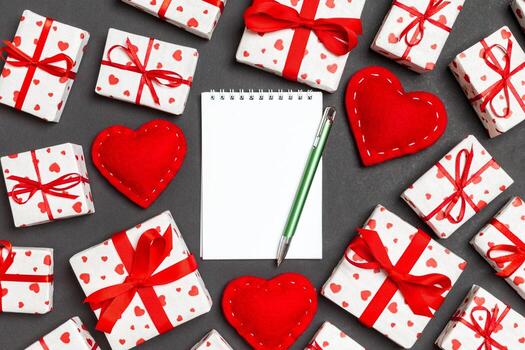Holiday composition of notebook, gift boxes and red textile hearts on colorful background with empty space for your design. Top view of Valentine's Day concept photo