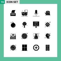 conjunto de 16 iconos de interfaz de usuario modernos signos de símbolos para elementos de diseño vectorial editables de registro de madera de audio de bomba vector