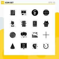 Mobile Interface Solid Glyph Set of 16 Pictograms of imerican internet wedding globe cash Editable Vector Design Elements