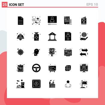 25 glifos sólidos universales establecidos para aplicaciones web y móviles invitación artículo de video web escribir elementos de diseño vectorial editables vector