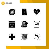 Modern Set of 9 Solid Glyphs Pictograph of user interface path download happy Editable Vector Design Elements