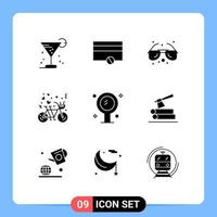 Pack of 9 creative Solid Glyphs of bathroom heart beach cycling bicycle Editable Vector Design Elements