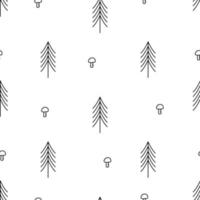 Seamless pattern of spruce and mushrooms, doodle vector sketch. Forest background wallpaper, wrapping paper.