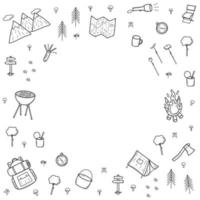 Camping doodle icons set. Vector illustration of hiking elements. Isolated on white sketch, hiking logo concept.