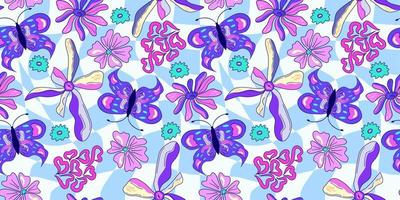 Seamless flower and butterfly trippy psychedelic pattern. Purple psychedelic seamless pattern. Magic floral daisy print. Trippy design hippie floral flat illustration. Retro y2k print vector