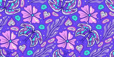 Seamless flower and butterfly trippy psychedelic pattern. Purple psychedelic seamless pattern. Magic floral daisy print. Trippy design hippie floral flat illustration. Retro y2k print vector