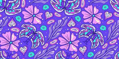 Seamless flower and butterfly trippy psychedelic pattern. Purple psychedelic seamless pattern. Magic floral daisy print. Trippy design hippie floral flat illustration. Retro y2k print vector