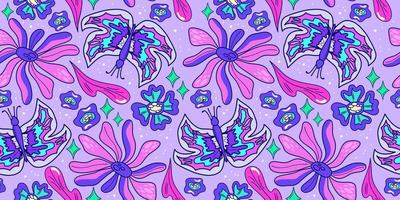 patrón psicodélico trippy de flores y mariposas sin costuras. patrón transparente psicodélico púrpura. estampado mágico de margaritas florales. diseño trippy hippie floral ilustración plana. impresión retro y2k vector