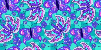 Seamless flower and butterfly trippy psychedelic pattern. Purple psychedelic seamless pattern. Magic floral daisy print. Trippy design hippie floral flat illustration. Retro y2k print vector