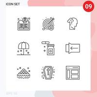 Universal Icon Symbols Group of 9 Modern Outlines of rain insurance target sad human Editable Vector Design Elements