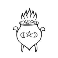 Boiling magic cauldron. Hand drawn vector illustration isolated on white background.