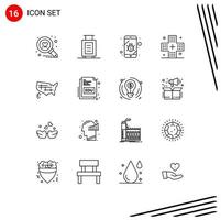 Mobile Interface Outline Set of 16 Pictograms of united map security medicine form Editable Vector Design Elements