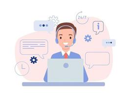 el tipo es un operador con auriculares y una computadora portátil. soporte técnico para clientes 24 horas al día, 7 días a la semana, línea telefónica directa para empresas. ilustración vectorial en estilo plano. vector