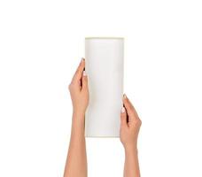 A woman hands hold a white empty paper box container, tidy and top view isolated white photo