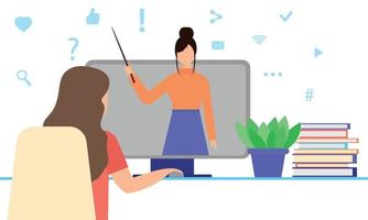 Concept online education. Girl is sitting next to monitor with teacher. Online courses. Vector illustration.