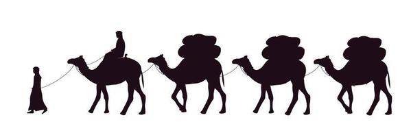 Camel caravan with bedouins in the desert. Vector illustration.