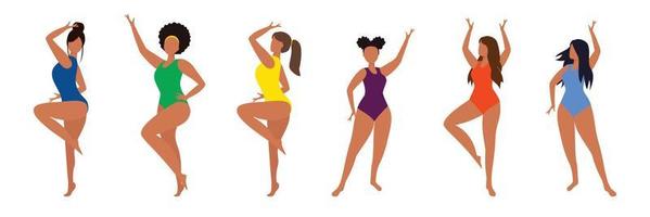 Set of Latin woman in different poses for dancing in bikini. Vector illustration.