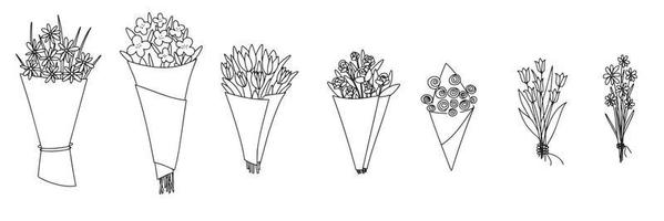 Set a bouquet of flowers in doodle style, hand draw spring elements. Vector illustration.