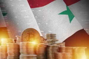 Syria flag and big amount of golden bitcoin coins and trading platform chart. Crypto currency photo