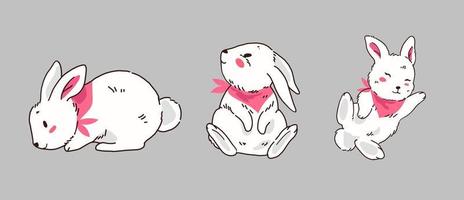 Set of cute white rabbit bunny animal. Happy New Year 2023 year of the rabbit vector. Collection of white rabbit with pink scarf cartoon vector