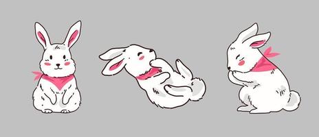 Set of cute white rabbit bunny animal. Happy New Year 2023 year of the rabbit vector. Collection of white rabbit with pink scarf cartoon vector