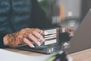 Businessman checking the steps through a virtual online document with a list of checkboxes Concepts of practices and policies, company articles of association Terms and Conditions photo