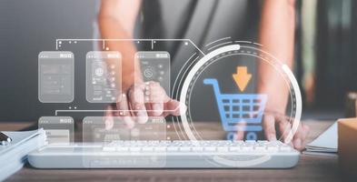 Analysis of online merchandising business reports, with charts and market statistics, shopping carts and promotional items, ecommerce concept and online selling website photo