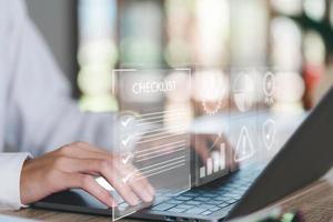 man check mark about exploring topics,In the virtual form check sheet,checklist ideas, checkbox to conduct opinion and quality surveys or satisfaction,Connect and work with modern wireless technology photo