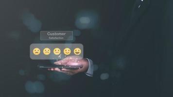 customer service and satisfaction concept,Evaluation and Audit, of consumers in online,Male consumers showing icons , Satisfaction rating at various levels,Customer Experience Survey photo