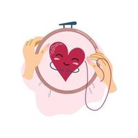 Hands with needle and thread embroidering heart on canvas in embroidery hoop. Creation of handmade needlework. Hand drawn vector illustration of DIY needlecraft isolated on white, top view.