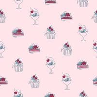 Seamless pattern with line art style desserts - cake, pie, ice-cream. Vector texture on pink background. Cute elegant illustration for fabric, textile, wrapping, scrapbook paper.