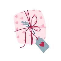 caja de regalo empaquetada con papel de patrón de corazón rosa, cuerda, planta y etiqueta. presente romántico. ilustración vectorial única de estilo plano aislada en blanco. vector