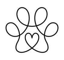 Dog love or cat paw footprint and heart in continuous one line drawing logo. Minimal line art. Animal in heart. Pets love concept monoline vector