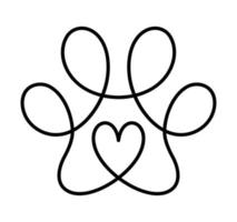 Dog love or cat paw footprint and heart in continuous one line drawing logo. Minimal line art. Animal in heart. Pets love concept monoline vector