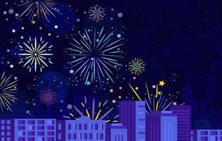 Colorful Fireworks Above The City Buildings Background vector