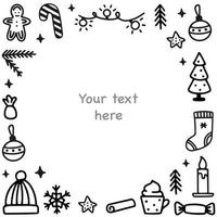 Christmas cute decoration frame of doodle elements with space for text. Vector hand-drawn illustration. Perfect for holiday designs. Christmas elements collection