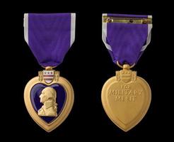 Front and Back of Purple Heart Military Merit Medal Against Black Background photo