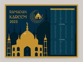 Ramadan Calendar Design 2023. Calendar Mockup template, Islamic Calendar dua and time table schedule print ready vector illustration