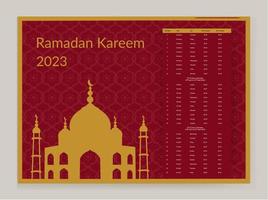 diseño de calendario de ramadán 2023. plantilla de maqueta de calendario, dua de calendario islámico y horario de tabla listo para imprimir ilustración vectorial vector