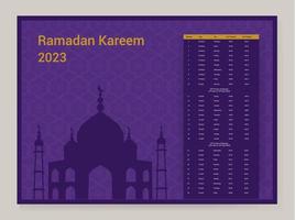 diseño de calendario de ramadán 2023. plantilla de maqueta de calendario, dua de calendario islámico y horario de tabla listo para imprimir ilustración vectorial vector