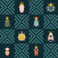 Flat symmetric bugs and geometric decor in squares on a green background. Seamless vector pattern in art deco style