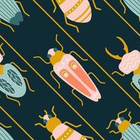 Colorful insects, beetle, and bugs in art deco style. Vector seamless pattern with trendy background