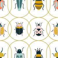 Cute colorful bugs in yellow circles in art deco style. Vector seamless pattern with Beatles in art deco style