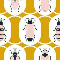 Cute pink bugs in geometric shapes on a yellow background. Vector seamless pattern with Beatles in art deco style