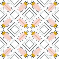 Flat symmetric bugs and geometric decor in art deco style. Vector seamless pattern with insects and beetle