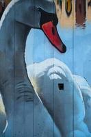 A fragment of detailed graffiti of a drawing made with aerosol paints on a wall of concrete tiles. Background image of street art with a huge white swan photo