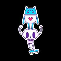 Cat standing on skull head and riding skateboard, illustration for t-shirt, sticker, or apparel merchandise. With doodle, retro, and cartoon style. vector