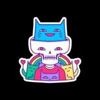 graciosa pandilla de calaveras y gatos con arco iris, ilustración para camisetas, pegatinas o prendas de vestir. con estilo garabato, retro y caricatura. vector