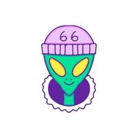 Hype alien head wearing beanie hat peeking through ripped paper, illustration for t-shirt, sticker, or apparel merchandise. With doodle, retro, and cartoon style. vector