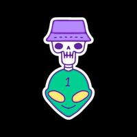 Alien head with skull wearing bucket hat, illustration for t-shirt, sticker, or apparel merchandise. With doodle, retro, and cartoon style. vector